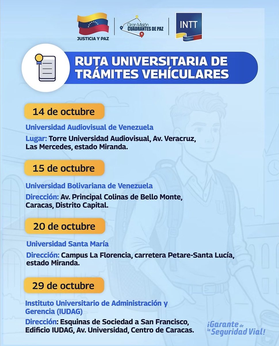 El_Cooperante's tweet photo. 🚘🇻🇪 | El Instituto Nacional de Transporte Terrestre (INTT) aplicará durante octubre la «Ruta Universitaria de Trámites Vehiculares», una jornada para facilitar la gestión de documentos directamente en distintas casas de estudio 

El operativo atenderá a la comunidad estudiantil de las siguientes instituciones:

• Universidad Audiovisual de Venezuela
•Universidad Bolivariana de Venezuela
•Universidad Santa María
•Instituto Universitario de Administración y Gerencia (IUDAG)

📸: @INTTOFICIAL1
