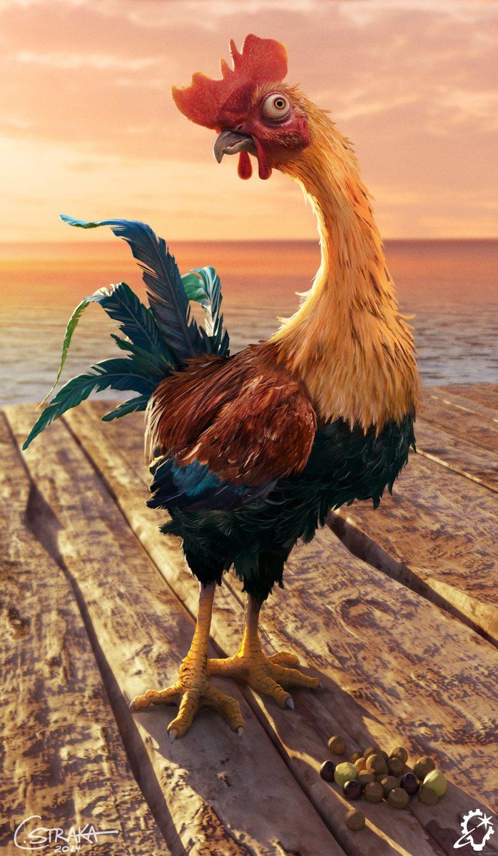 ILMVFX's tweet photo. "The biggest challenge in translating Heihei from a stylized to “realistic” design while keeping the spirit of the character was mostly about his eyes. He’s got buggy, vacant eyes, and we quickly found that that was really alarming on a realistic chicken! So there was a lot of iteration on his eyes to find that sweet spot of stylization and realism to make him still recognizably Heihei," said Senior Concept Artist Casey Straka about her work on Disney's new production of Moana.

Learn more about the work: https://t.co/2VWTKRB8I4