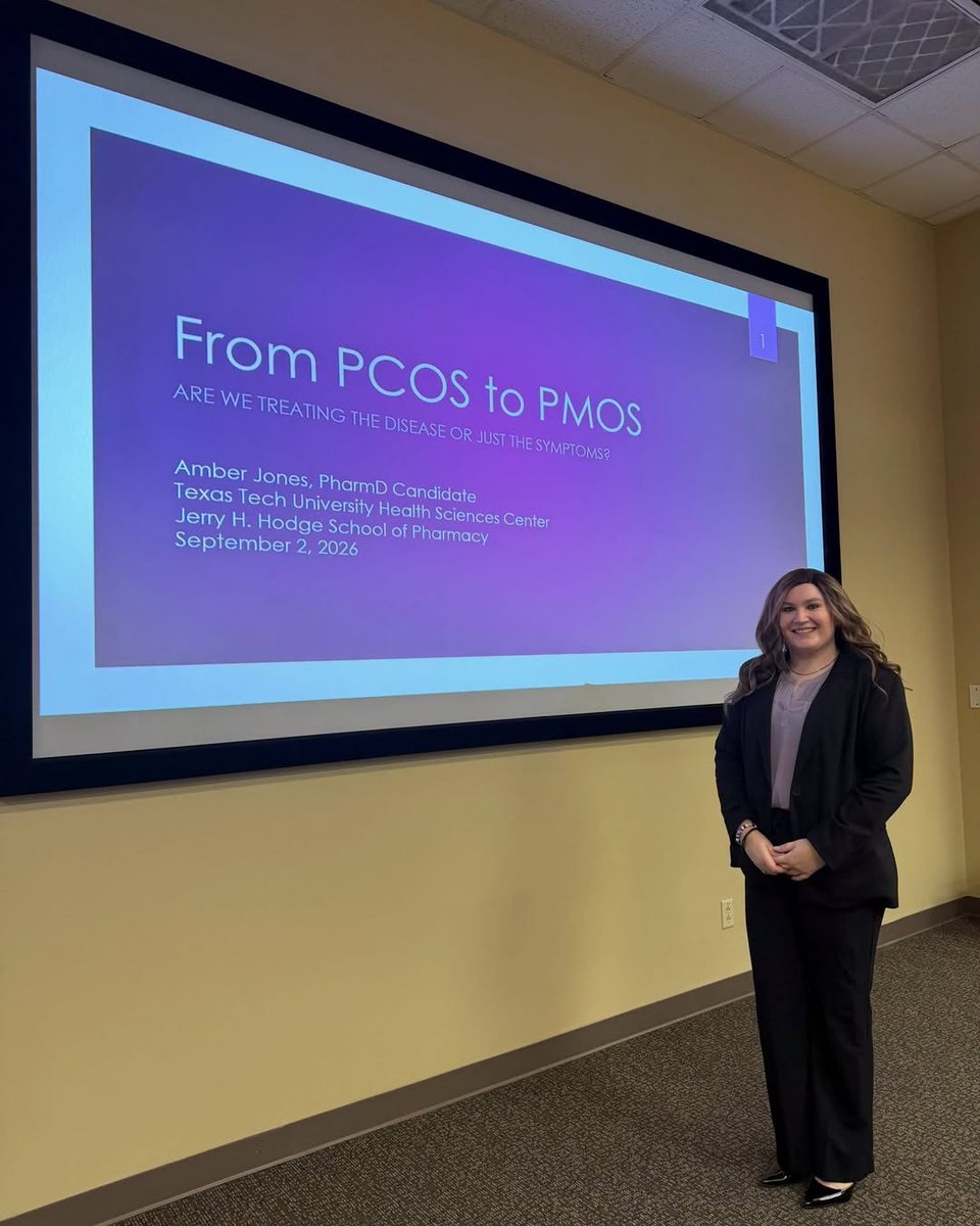 TTUHSCSOP's tweet photo. “The prescription for success? Hard work and a finished Grand Rounds presentation ✅” Amber, a @TTUHSCSOP student at the #Abilene campus, was excited to present at Grand Rounds – a major milestone for students nearing the end of pharmacy school. https://t.co/rPvkPUFiwq