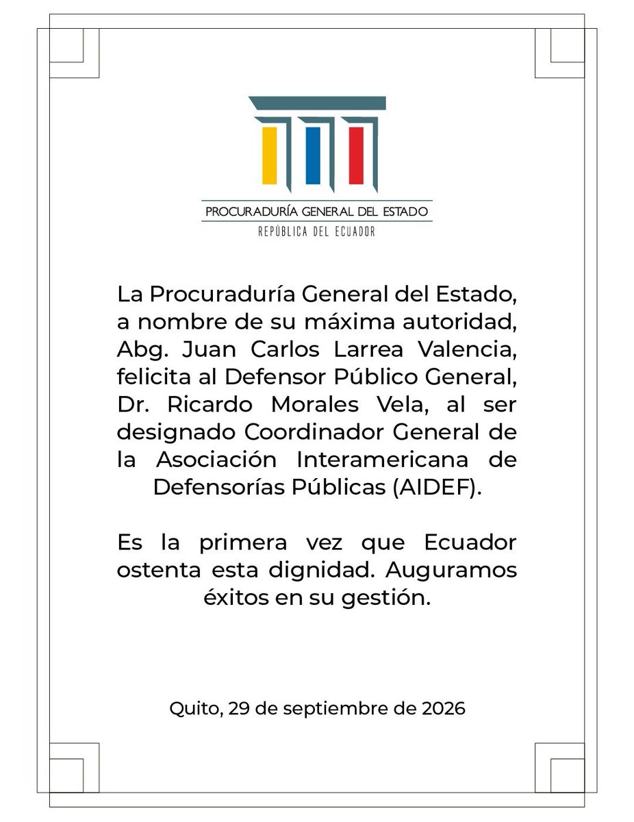 PGEcuador's tweet photo. 🇪🇨 Un reconocimiento que trasciende fronteras y refleja el compromiso del Ecuador con la defensa pública y el acceso a la justicia. Desde la @PGEcuador destacamos este importante logro y nos congratulamos con el fortalecimiento de las instituciones de justicia en la región. https://t.co/UYpb3w2Uyq