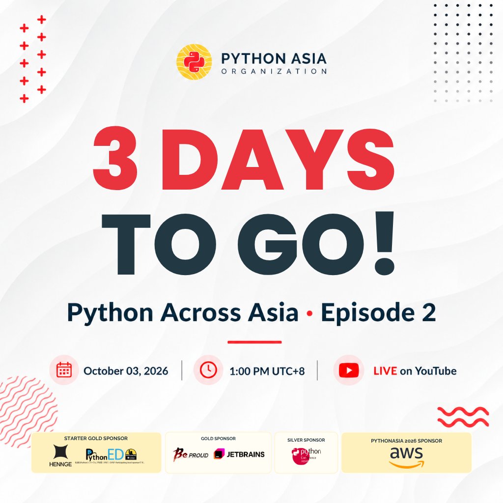 PythonAsiaOrg's tweet photo. 3 DAYS TO GO! 🌏🐍

Python Across Asia Episode 2 is almost here! Join PyCon Taiwan, PyCon Hong Kong, and PyCon Davao for a conversation about their communities and PyCons across Asia.

📅 Oct 3
🕐 1 PM UTC+8

#pythonacrossasia #pythonasia https://t.co/wnIwgnc4XR