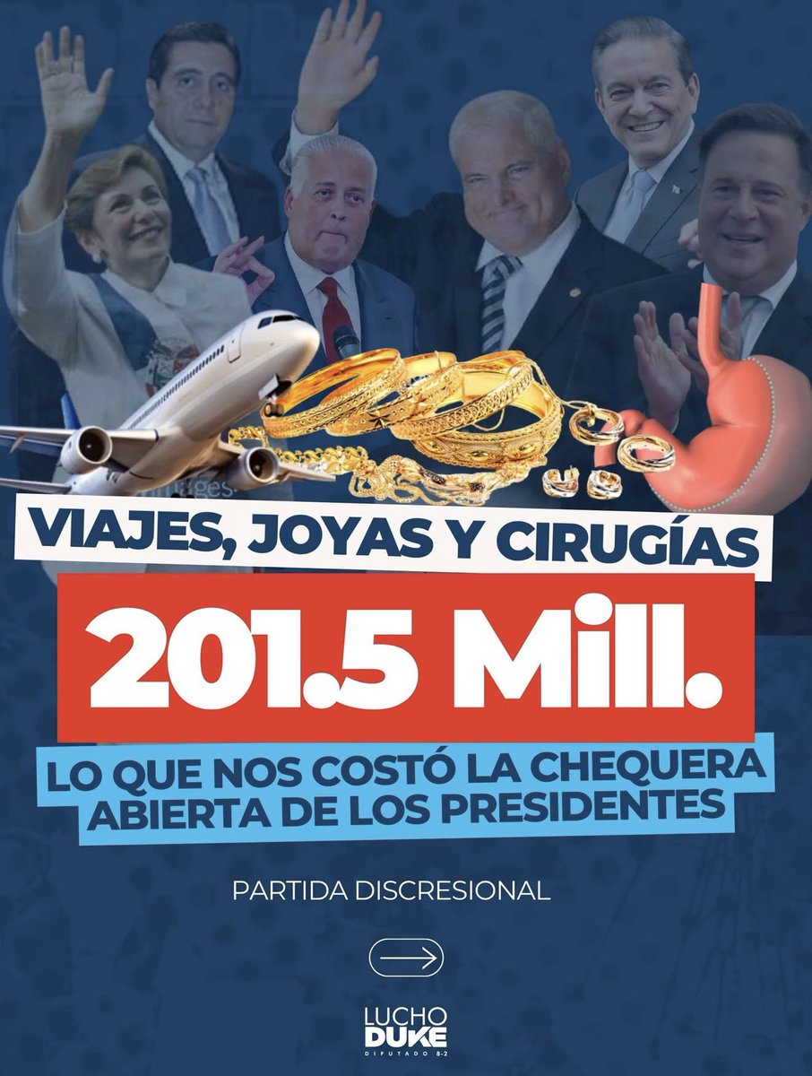 LuchoDuke's tweet photo. Sra. expresidenta Moscoso:

¿Nos puede aclarar los 23 millones de dólares utilizados por su administración en relojes, joyas y accesorios en el rubro de partidas discrecionales?

¿Entiendo que algunos de estos presentes, como relojes, fueron entregados a diputados de la época?

¿Nos puede explicar cuál era el fin y el objetivo de entregarles estos relojes a los diputados valorados en miles de dólares? 

¿Justifique la compra de una licuadora por 3,178 dólares? 

Después de estas respuestas, seguimos con más. 

Importante: Respóndale al pueblo, no a mí.