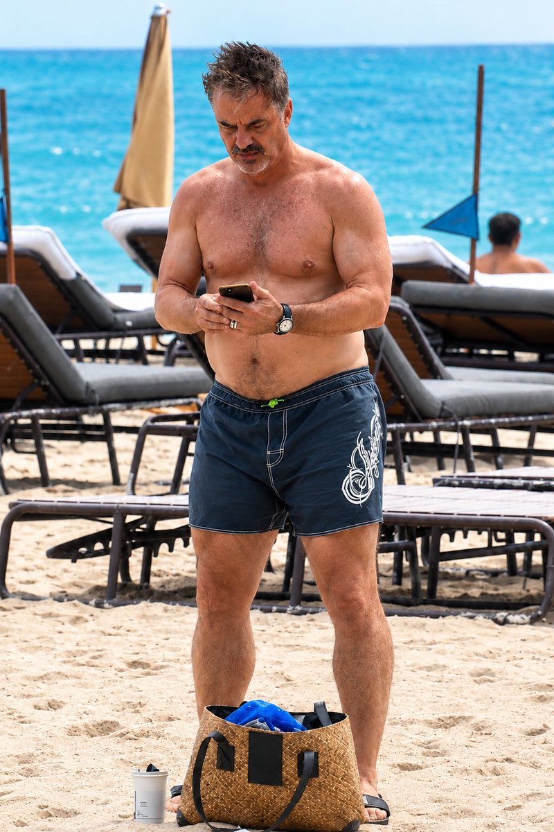OmoAluko11's tweet photo. Back to the loungers with the bag in one hand, then facing the phone on the sand. Navy shorts, beach club, that’s the shot. https://t.co/fyrPmftCXe
