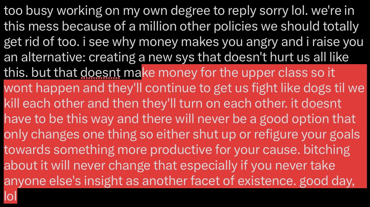 pIaytation's tweet photo. @unsurprisedbyit @alwaysin2out @julia_y13 Realized I'm letting you get the better of me and get under my skin. Have a wonderful rest of your day while i get back to studying and broadening my knowledge. Maybe the world *should* have free healthcare and college. https://t.co/BKubQLWmA7