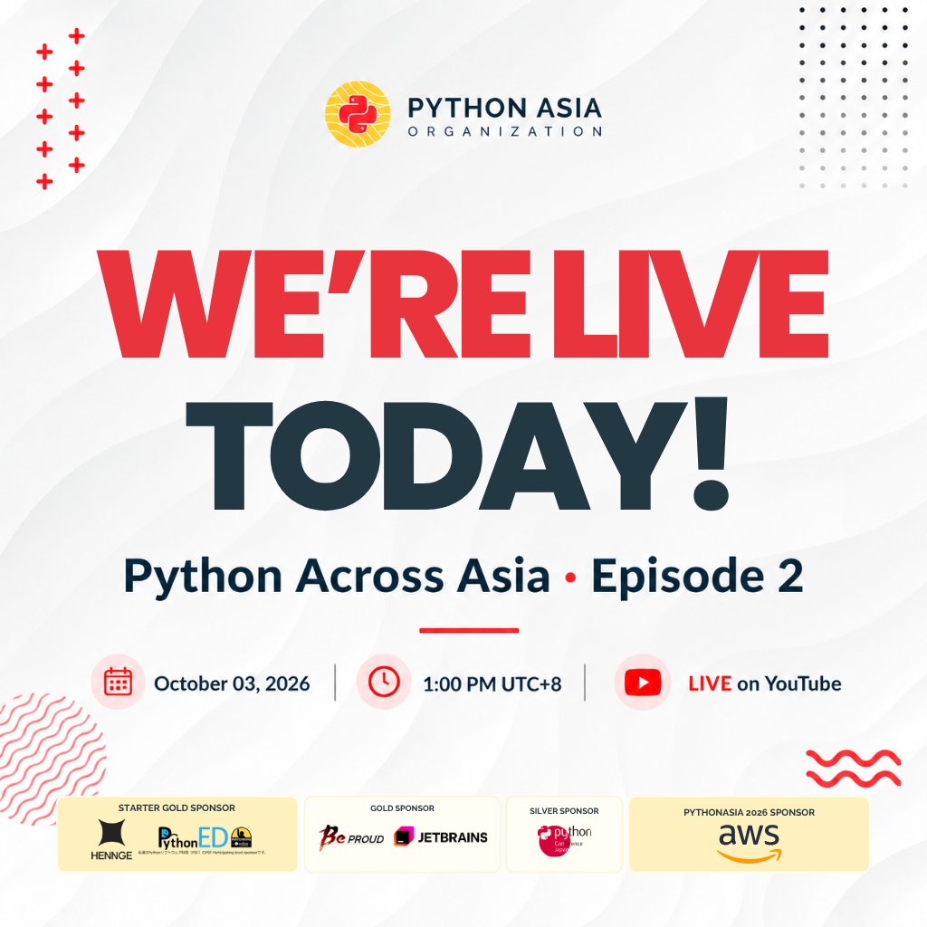 PythonAsiaOrg's tweet photo. IT’S TODAY! 🌏🐍

Just 1 HOUR TO GO until Python Across Asia Episode 2!

Join PyCon Taiwan, PyCon Hong Kong, and PyCon Davao for a conversation connecting Python communities across Asia.

🕐 1:00 PM UTC+8
📺 https://t.co/XgKnjNXbG2

#pythonacrossasia #pythonasia https://t.co/v90hNC9MB6