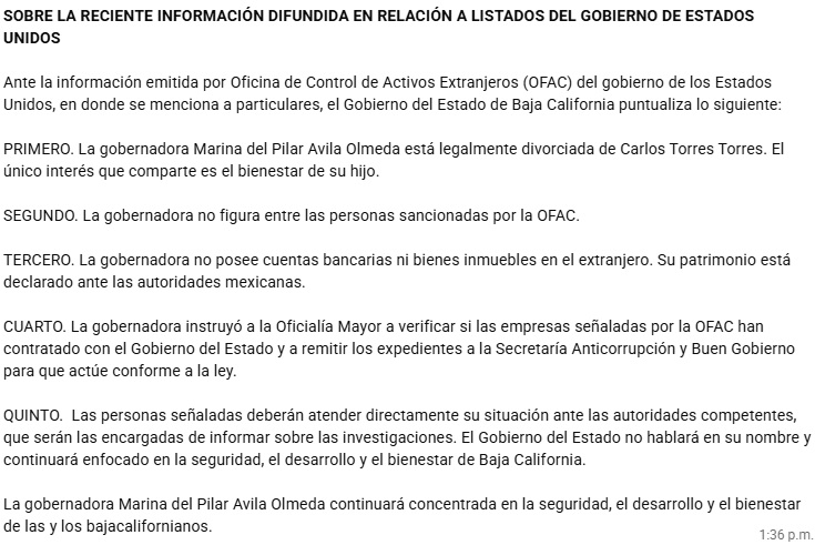 ArmandoNieblas's tweet photo. El @BCGobierno emitió un posicionamiento respecto a los señalamientos del @USTreasury donde señalan a Carlos Torres Torres, ex esposo de la gobernadora @MarinadelPilar, de tener vínculos con "Los Rusos".

Lo curioso es que la mandataria, que todo publica en redes sociales, no haya hecho ningún comentario en sus cuentas.

Parte importante es que se deslinda de Carlos Torres señalando que se encuentra divorciada, pero los señalamientos del gobierno de EU vienen desde antes de la separación e incluso señala al gobierno estatal.

Con esto se confirman muchos de los señalamientos que la propia gobernadora ha calificado como "politiquería".