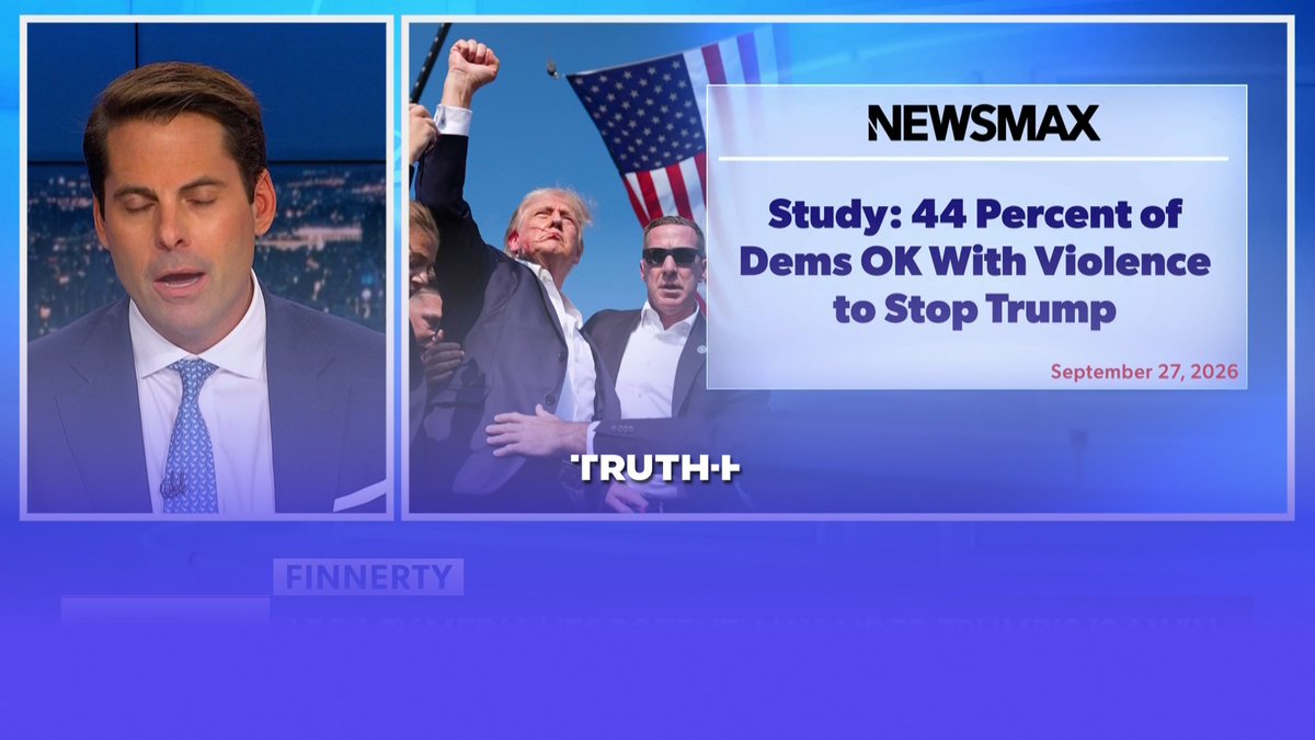 A news broadcast from 'TRUTH+' featuring an anchor alongside a 'NEWSMAX' headline that reads 'Study: 44 Percent of Dems OK With Violence to Stop Trump', dated September 27, 2026.