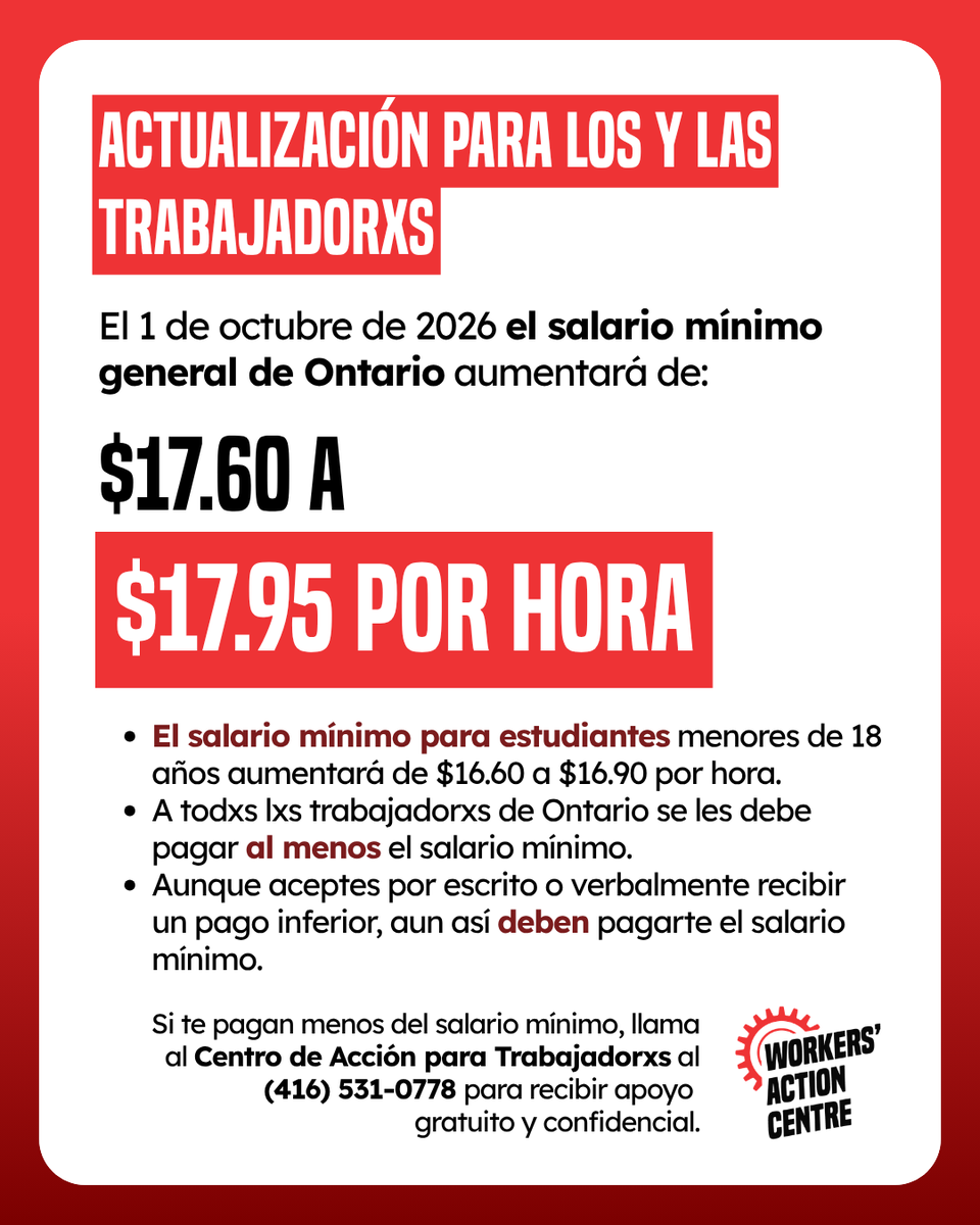 WorkersAC's tweet photo. On October 1st, 2026, workers earning Ontario's general #minimumwage will receive a 35¢ increase to $17.95 per hour. But we know this is not enough!

The yearly minimum wage cost of living adjustments we won in 2014 lag behind what workers need, especially as many have their pay stolen by their employers, and our government allows it to happen.

If you are being paid below the minimum wage or are unsure, call the Workers’ Action Centre at (416) 531-0778 for free and confidential support.