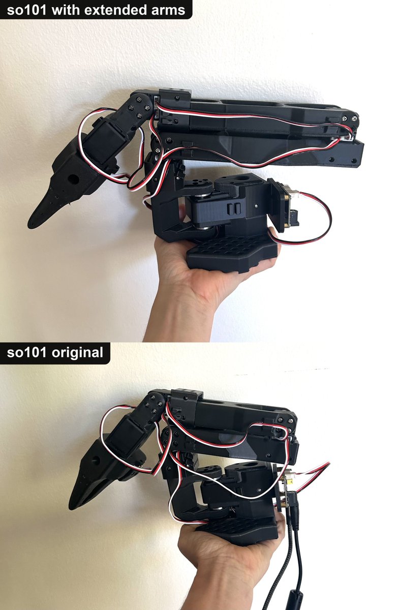 chloepilonv's tweet photo. Just built the "beefed-up" version of the SO-101 for a special project.

An extra 55 mm per arm, for more reach. Found at : https://t.co/fbsWPVjQpX

Same motors as the original SO-101 follower were used since I didn't have higher-ratio 1:315 motors on hand - The payload will need to be lighter than the original SO-101 capacity, but should be fine for the use case.
