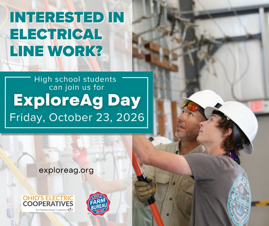 Firelands's tweet photo. Curious about a career in electrical line work? ⚡️ High school students can get hands-on experience and discover what it takes to power rural Ohio at the Farm Bureau's ExploreAg Day! Join us at the Ohio’s Electric Cooperatives lineworker training facility on Friday, October 23, 2026. Don’t miss out—register now at https://t.co/E9T44O4Dno!