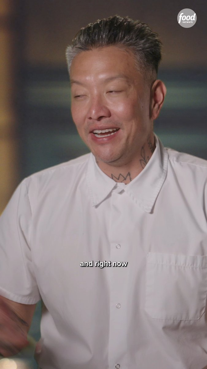 A man with short hair, neck tattoos, and a white short-sleeved button-up shirt speaks with his eyes closed; the Food Network logo appears in the upper right with the subtitle 'and right now'.