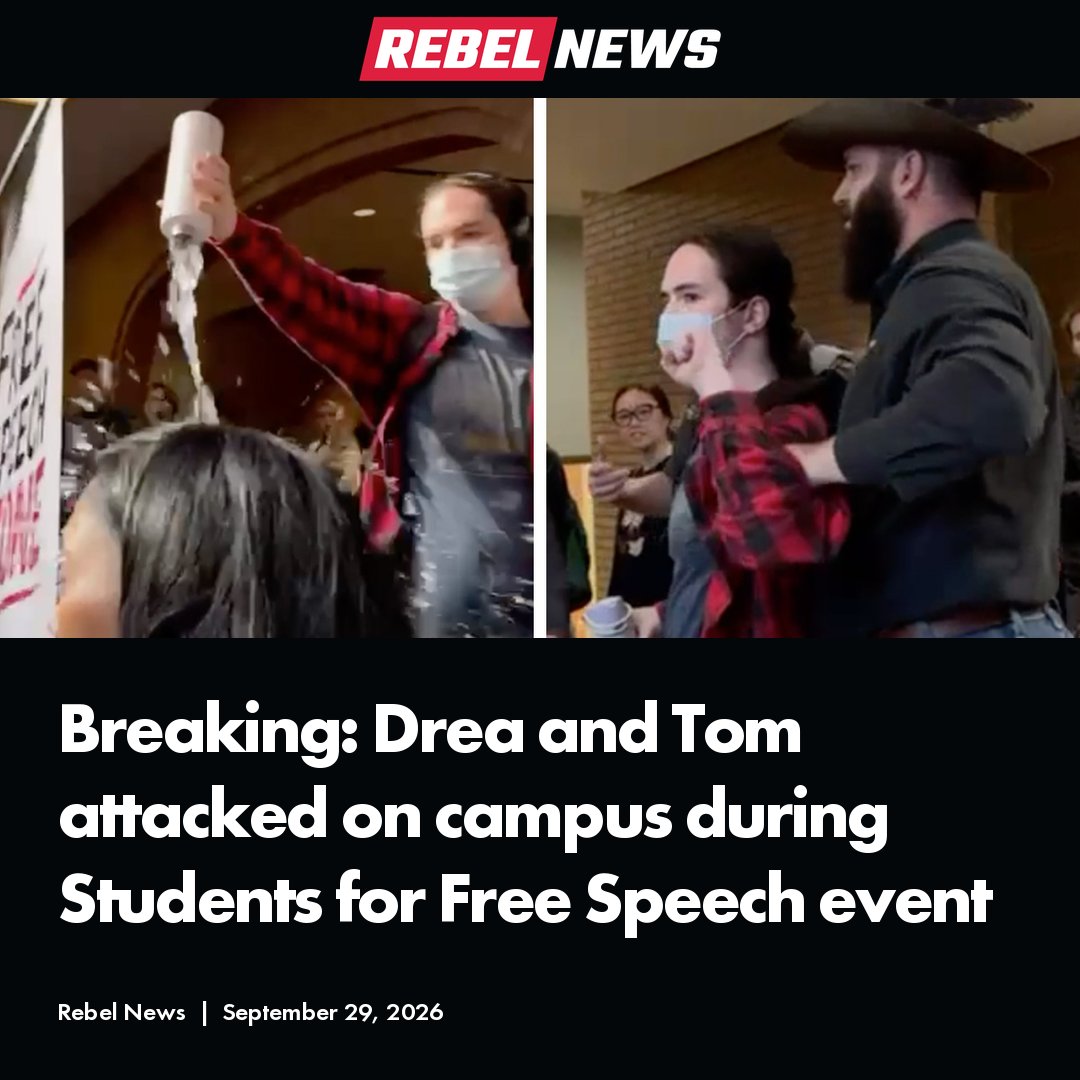 RebelNewsOnline's tweet photo. BREAKING: A masked individual has been arrested by police after dumping a cup of liquid on Rebel News reporter Drea Humphrey and Dr. Tom Flanagan during a free-speech event at the University of Calgary on Tuesday afternoon.

READ MORE: https://t.co/ZTkmgNM8vh https://t.co/cw7J11j1jD