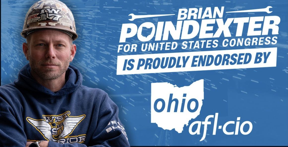 OhioNeighborNet's tweet photo. The Ohio AFL-CIO just endorsed union Ironworker Brian Poindexter for Congress in OH-07. 🛠️ President Tim Burga says Ohio needs leaders who understand working people's struggles and stay focused on good jobs and affordability. 🤝 #OH07 https://t.co/tWrv6FqK5M https://t.co/OUbRnClmjq