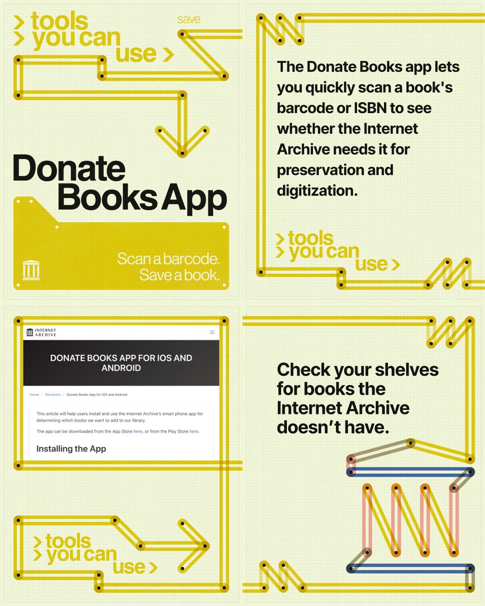 internetarchive's tweet photo. 📚 What's on your bookshelf that the Internet Archive doesn't have?

There's an app for that. 📱

Scan a book's barcode or ISBN to see whether the Internet Archive needs it for preservation and digitization.  

Your old books could have another life, not just on your shelf, but in the library. 

Scan your shelves. Save a book.
https://t.co/Y2aIYpAQW3

#ToolsYouCanUse