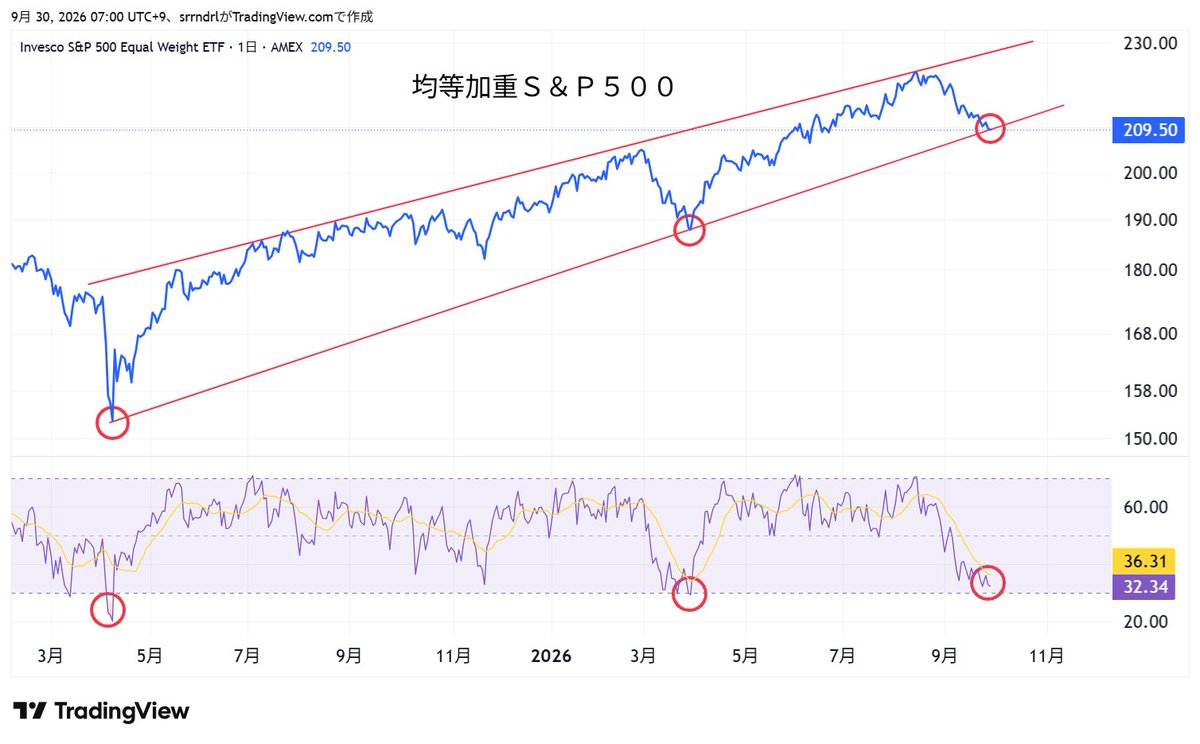 kakatothecat's tweet photo. そろそろ底？

S&amp;P500は高値圏にいますが、それは一部のAI系銘柄が引っ張っているから

他は低迷しており、500銘柄均等だと、8月中旬からずっと下落

しかし今トレンドラインに到達しています
RSIも32と底値圏

このトレンドが今後も継続するなら、そろそろ底打ちだが https://t.co/18mfMysblF