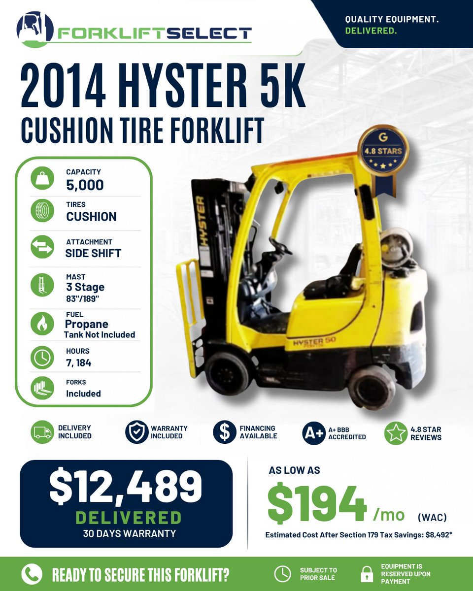 Forklift_Select's tweet photo. Need dependable lifting power without overspending? 🏗️ Check out the 2014 Hyster 5K Cushion Tire Forklift at Forklift Select. Used equipment, delivery &amp; warranty included. Ask about eligible 2-year parts &amp; labor coverage! #Hyster #ForkliftSelect https://t.co/g5P75qaBQ2