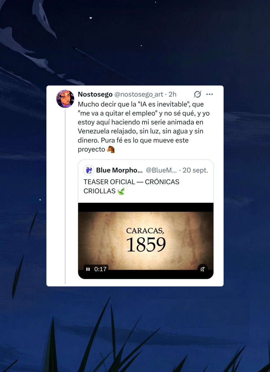 CartoonsOTMoon's tweet photo. 💬 «Mucho decir que “la IA es inevitable”, que “me va a quitar el empleo”, y yo estoy aquí haciendo mi serie animada en Venezuela relajado, sin luz, sin agua y sin dinero».

​Así presenta Nostosego su serie indie: CRÓNICAS CRIOLLAS. https://t.co/xmv9gUufsU
