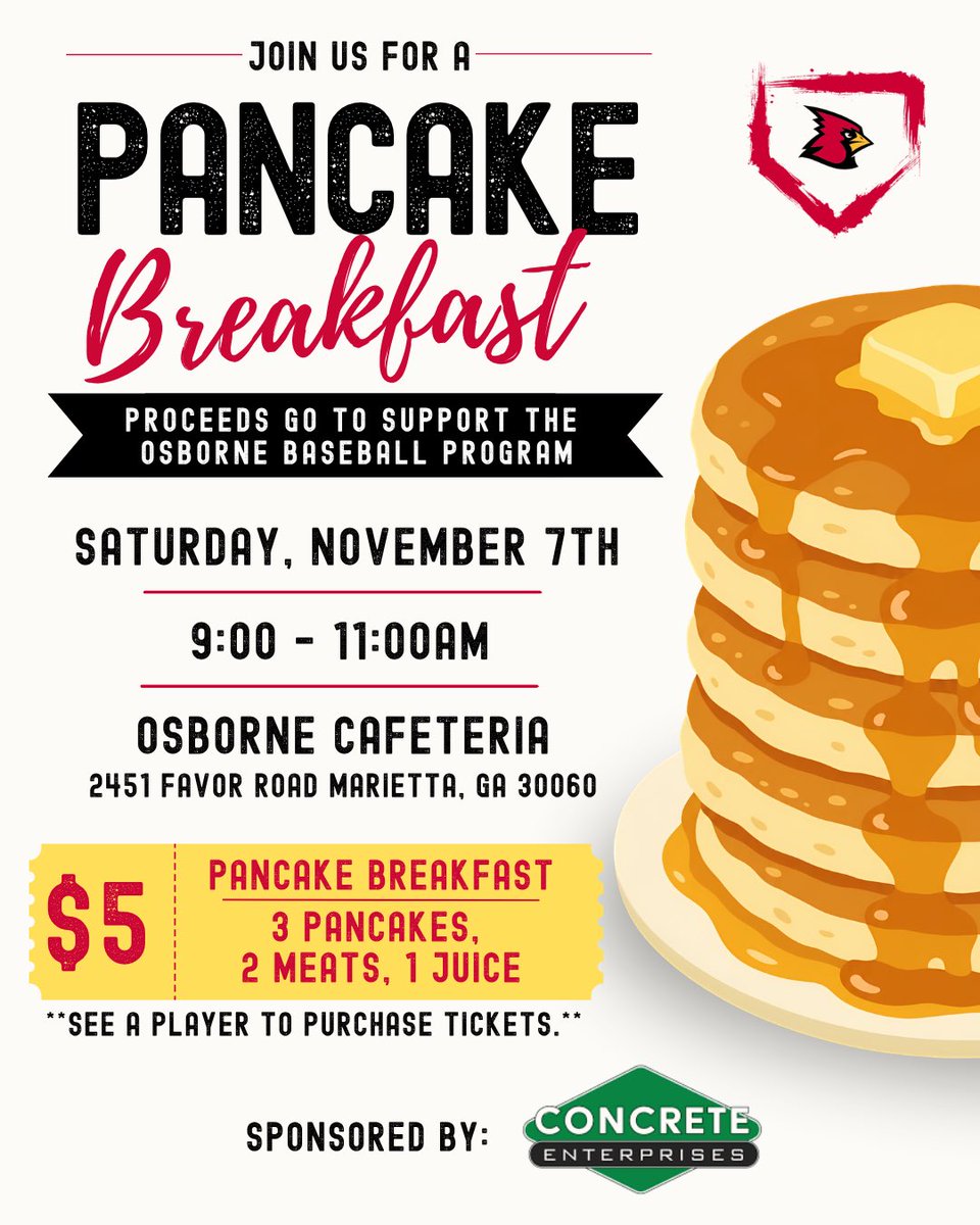 OsborneBaseball's tweet photo. 🚨 Mark Your Calendars 🚨 
Osborne Baseball Pancake Breakfast 
Saturday November 7, 2026
Osborne Cafeteria 
9:00-11:00
*tickets will go on sale next week, just see a baseball player* @OsbornePrincip1 @osbcardinals @rlosbornehs https://t.co/NObzS2EG4G