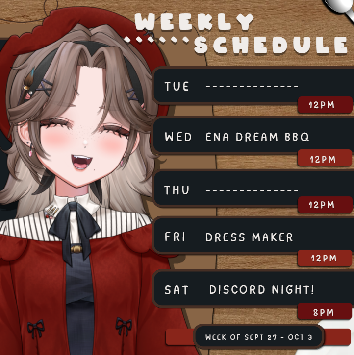 monqueeeek's tweet photo. 🥐 Weekly Schedule 🍎

IT'S SPOOKY SEASON!! 🎃

All times PT    
September 27 - Oct 3 https://t.co/Re3Jo5uhnG