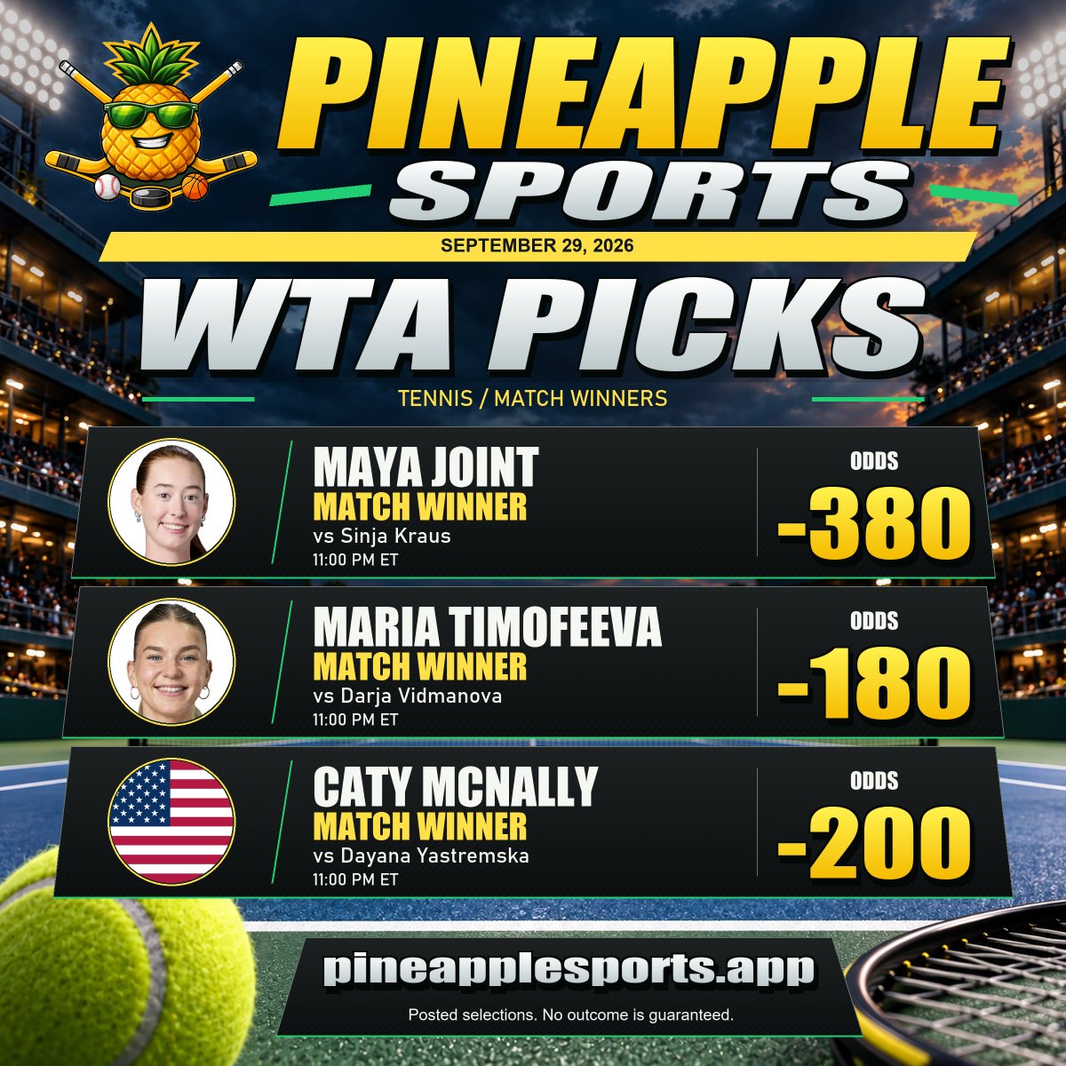 PineapplePicks8's tweet photo. 🍍 WTA MONEYLINE | Sep 29, 2026

Why don't we take a moment to review this WTA match winner card and see what your thoughts are?

🎯 Maya Joint ML | -380
Maya Joint @ Sinja Kraus
🕒 Sep 29, 11:00 PM ET

🎯 Maria Timofeeva ML | -180
Darja Vidmanova @ Maria Timofeeva
🕒 Sep 29, 11:00 PM ET

🎯 Caty McNally ML | -200
Caty McNally @ Dayana Yastremska
🕒 Sep 29, 11:00 PM ET

A match-winner pick can lose, and retirement settlement depends on the sportsbook. Check the current price and rules before deciding.

Take all the time you need to decide what works for you; there's no one right answer here, just what feels best in your own view. Only stake what you can afford to lose.

💬 Is there a detail here you'd want to explore more or perhaps see from another angle?

#WTA #PineappleSports