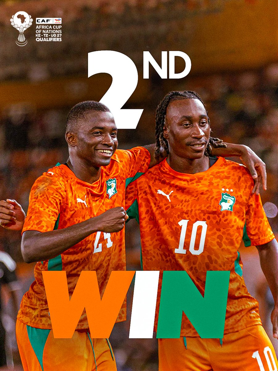 CAF_Online's tweet photo. 2 wins in 2 matches for the Elephants. 🐘🇨🇮

Taking the #TotalEnergiesAFCON2027 Qualifiers by storm. https://t.co/8xy4sgu1EY