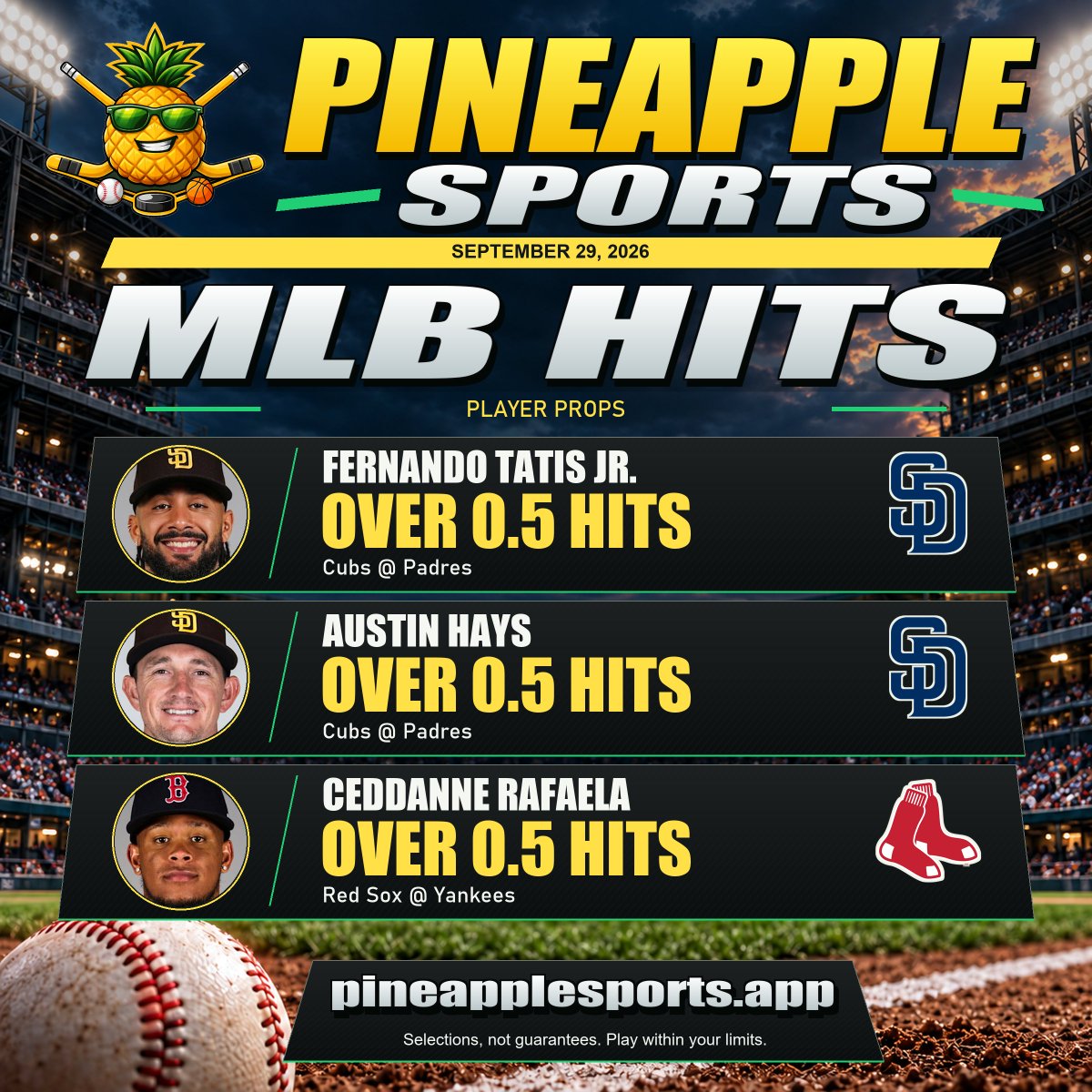 PineapplePicks8's tweet photo. 🍍 MLB HITS PROPS | Sep 29

Today's Pineapple Sports prop card:

1. Fernando Tatis Jr. Over 0.5 Hits
San Diego Padres vs Chicago Cubs | 10:00 PM ET

2. Austin Hays Over 0.5 Hits
San Diego Padres vs Chicago Cubs | 10:00 PM ET

3. Ceddanne Rafaela Over 0.5 Hits
Boston Red Sox vs New York Yankees | 8:00 PM ET

📊 Card focus:
PLAYER FORM | MATCHUP DATA | MARKET VALUE

Built for smarter MLB prop decisions.

MLB props | Hits props | MLB betting picks
