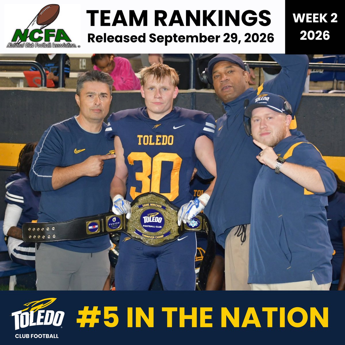 ToledoFBClub's tweet photo. Toledo maintains the #5 spot in the country going into a huge test on the road at #3 Michigan State this Sunday 🚀

Also congratulations to Isaac Orth for a program record setting 102 yard pick-six against Oakland last weekend!! 🏈 https://t.co/CE6bjYq1z3