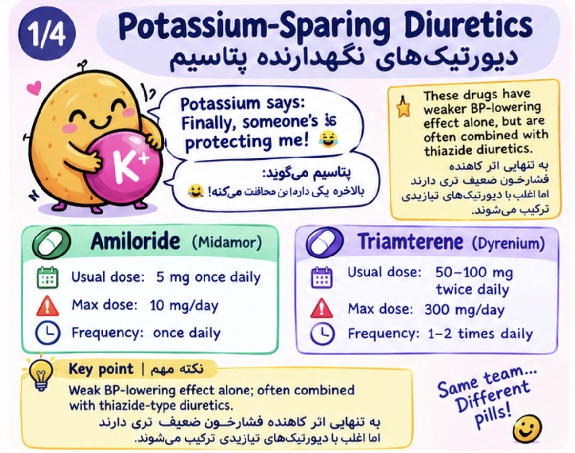 Nasrinart62's tweet photo. 💊 More BP meds, more mechanisms!

Potassium-sparing + loop diuretics &amp; Aliskiren 💦🧂

👩‍⚕️ Pharmacist tip: Dose + kidneys + potassium + interactions = don’t skip! 💜

فشار خون فقط یک راه نداره! 💊

#Hypertension #Pharmacist #MedicationSafety #PharmacyTips #MedicationMadeSimple https://t.co/tv5HaN8U2K