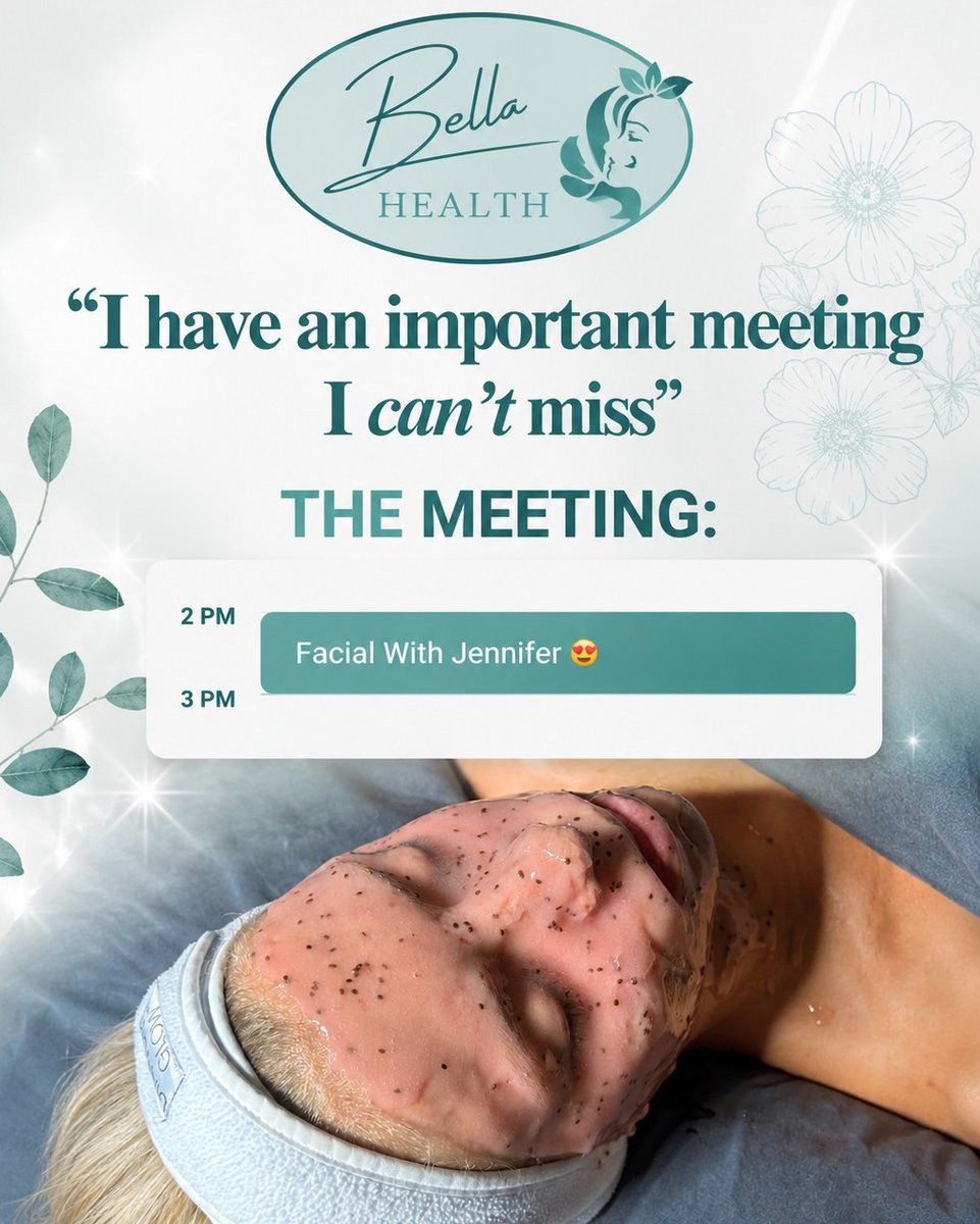 AlannaPickar's tweet photo. Some meetings are simply too important to miss—especially when they’re all about you. Whether it’s a facial, Botox, skincare, hormone wellness, or well-deserved self-care, Bella Health is here to help you look and feel your best. Call today to book https://t.co/VxGPcZJ0Lw