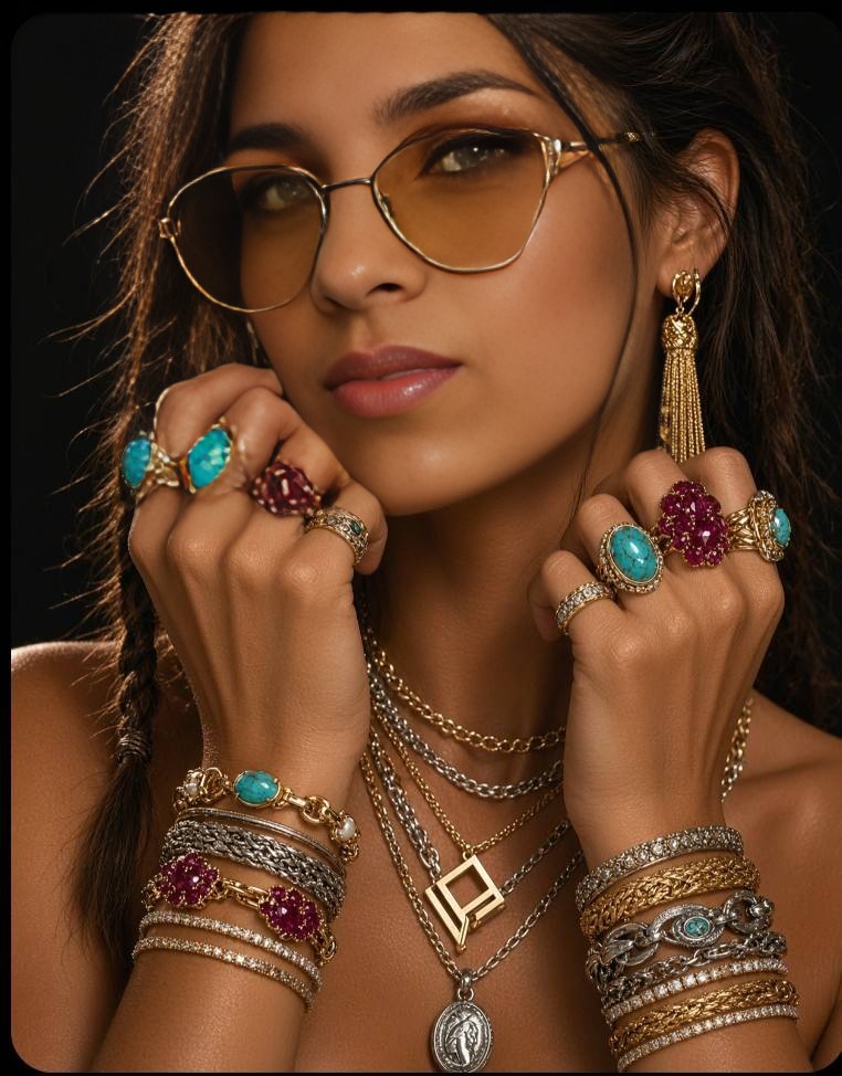 Giovanna_Rave's tweet photo. An exact, identical replication of the woman from the reference photo, maintaining her precise facial features, facial structure, skin tone, and long dark wavy hair with the thin accent braids. She is in the exact same pose, holding her hands near her face. She wears the identical thin-framed geometric gold glasses with light amber tinted lenses. Her hands and wrists feature the same maximalist luxury jewelry styling: large oval turquoise rings, clustered ruby rings, a heavy layered mix of gold and silver chain necklaces with the specific hollow square pendant and silver coin medallion, and thick stacked metallic bangles on both wrists. Photorealistic fashion editorial style, dark moody studio background, dramatic cinematic lighting, 8k resolution, flawless face-match, hyper-detailed textures. --v 6.0 --iw 2.0