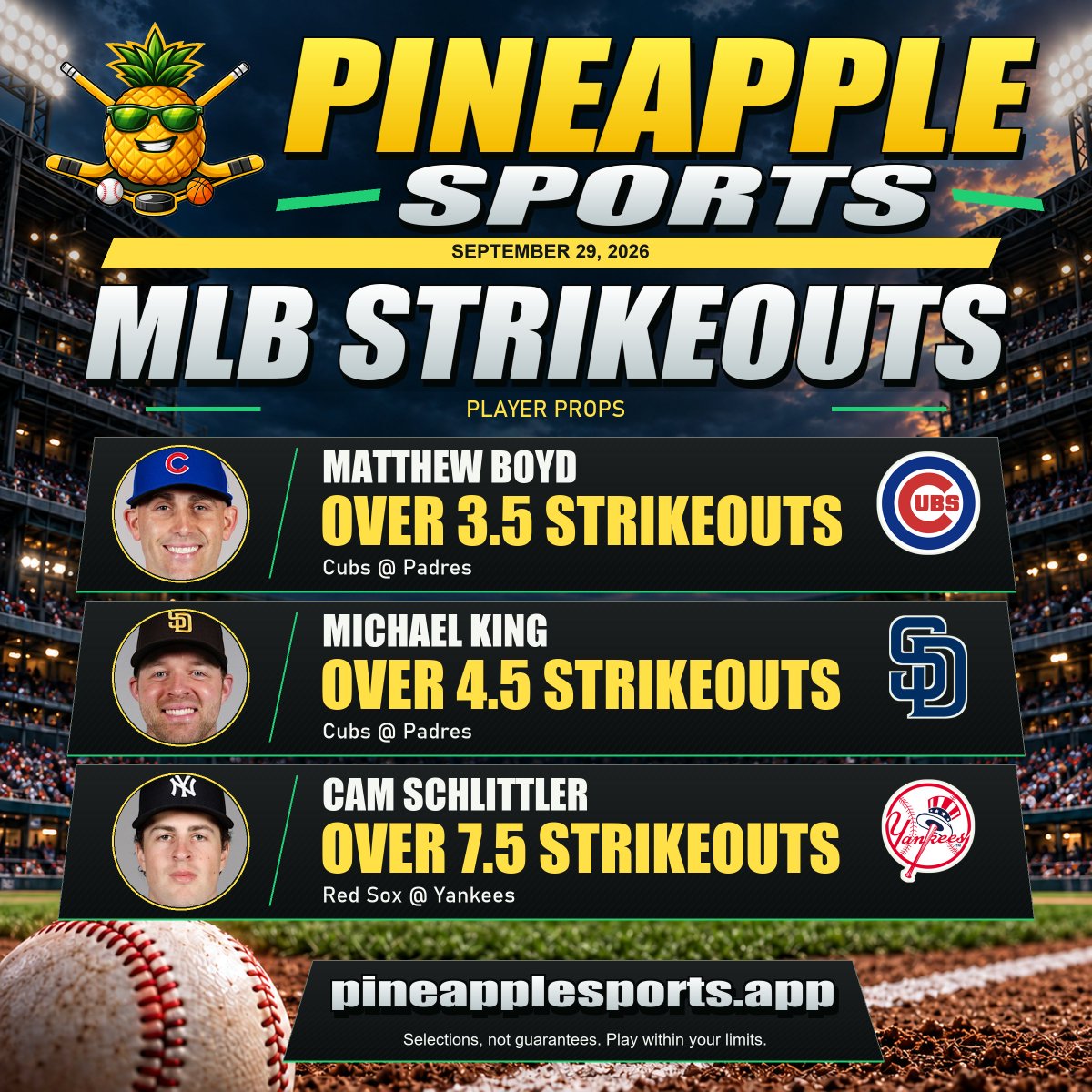 PineapplePicks8's tweet photo. 🍍 MLB STRIKEOUT PROPS | Sep 29

Today's Pineapple Sports prop card:

1. Matthew Boyd Over 3.5 Strikeouts
Chicago Cubs vs San Diego Padres | 10:00 PM ET

2. Michael King Over 4.5 Strikeouts
San Diego Padres vs Chicago Cubs | 10:00 PM ET

3. Cam Schlittler Over 7.5 Strikeouts
New York Yankees vs Boston Red Sox | 8:00 PM ET

📊 Card focus:
PLAYER FORM | MATCHUP DATA | MARKET VALUE

Built for smarter MLB prop decisions.

MLB props | Strikeout props | MLB betting picks