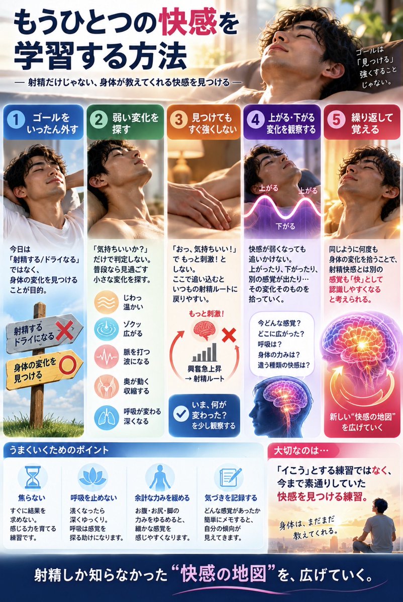 enemagra_OA's tweet photo. 重要なのは❗️
射精禁止でも
寸止め大会でも
骨盤底筋を締め続けることでもない

むしろ今回の考え方は

❌「イこう」とする練習ではなく
⭕️「今まで素通りしていた快感を見つける」
練習なんです

この一文が一番わかりやすいでは❓
一生涯の宝物です🪎 https://t.co/weLn02EmQW