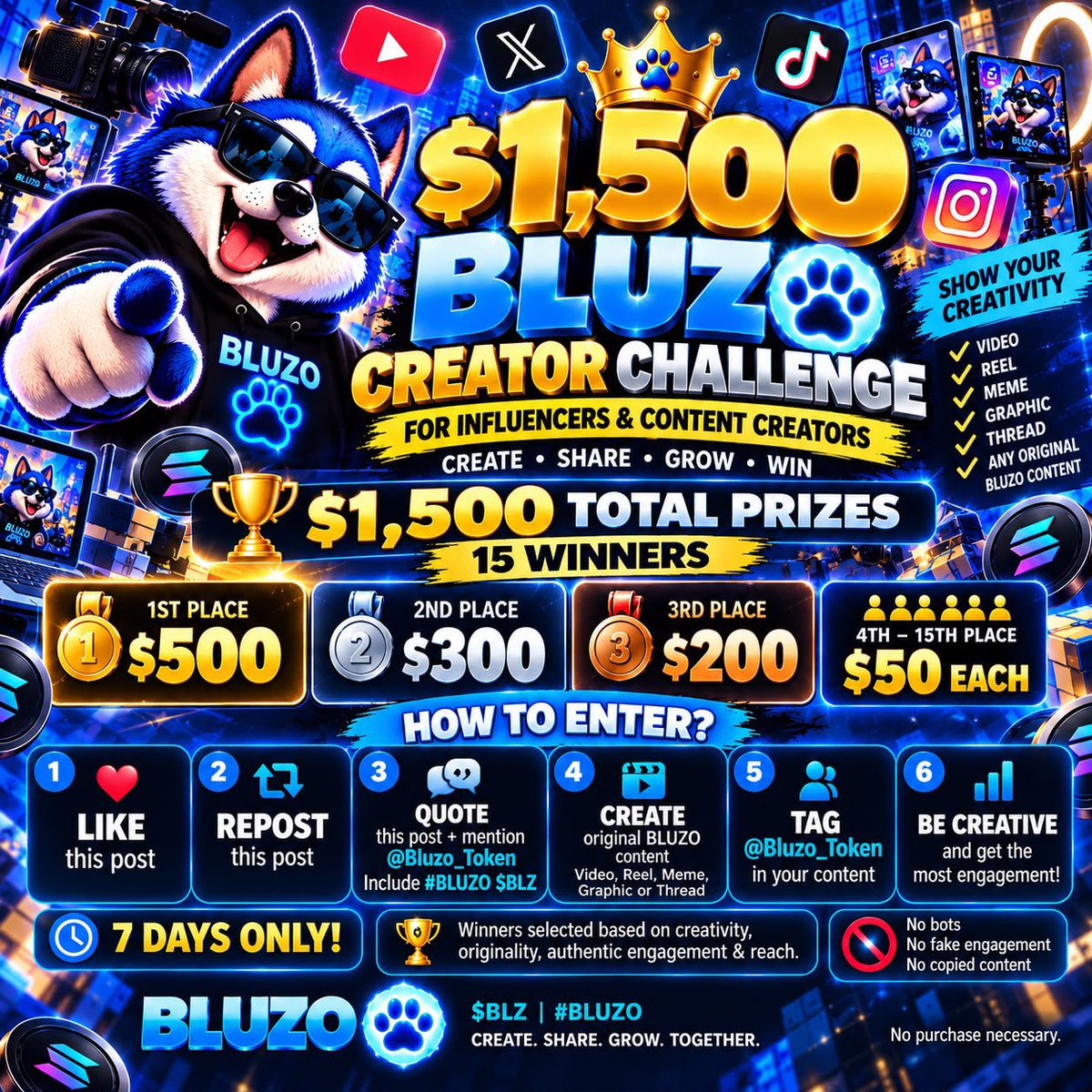 Bluzo_Token's tweet photo. 🚨 $1,500 BLUZO CREATOR CHALLENGE IS LIVE! 🐾🔥

15 WINNERS • $1,500 IN TOTAL PRIZES

🥇 1st — $500
🥈 2nd — $300
🥉 3rd — $200
🏆 4th–15th — $50 EACH

🎥 Create your best ORIGINAL #BLUZO content:
Video • Reel • Meme • Graphic • Thread

HOW TO ENTER 👇
❤️ Like this post
🔁 Repost
💬 Quote + mention @Bluzo_Token
🐾 Include #BLUZO $BLZ
🎨 Create & post your original BLUZO content
📌 Tag @Bluzo_Token
📩 Post daily about #BLUZO

⏰ 7 DAYS ONLY

Winners selected based on creativity, originality, authentic engagement & reach.

🚫 No bots • No fake engagement • No copied content

15 WINNERS. $1,500. SHOW US WHAT YOU CAN CREATE. 🔥

#BLUZO $BLZ

No purchase necessary.

#BLUZO #BLZ #Sol #Solana #MEME #Giveaway #Campaign