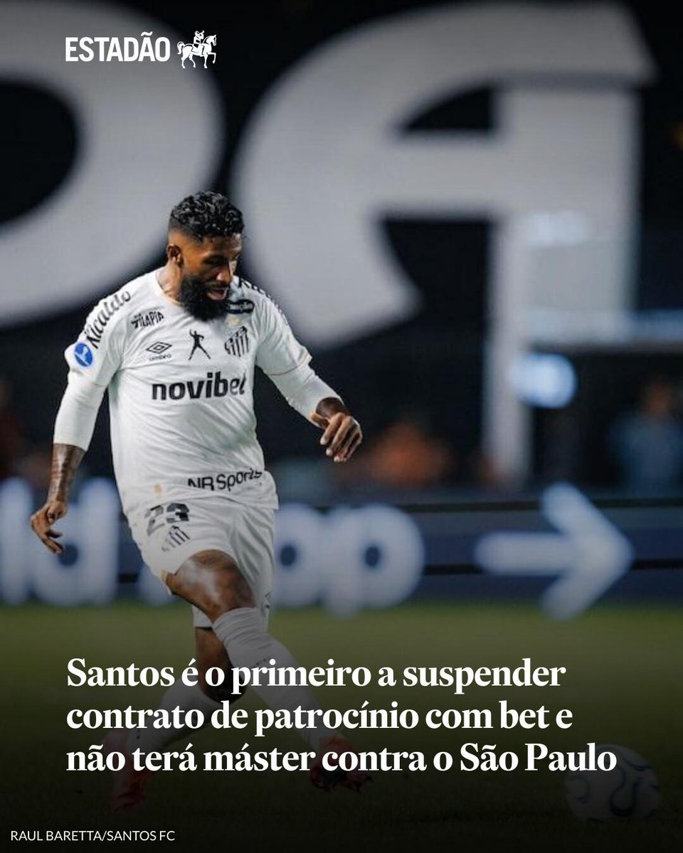 Estadao's tweet photo. Santos é o primeiro a suspender contrato de patrocínio com bet e não terá máster contra o São Paulo | Decisão foi tomada pelo clube para se adequar à MP das bets, que proíbe casas de apostas no Brasil https://t.co/QPmOk0mTBe https://t.co/OTVMLlTnzs