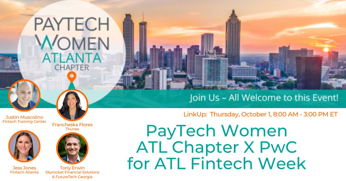 PayTechWomen's tweet photo. Join our ATL Chapter and PwC as they bring together Francheska Flores, Tony Erwin, Justin Muscolino &amp; Jess Jones for a day focused on the ideas, #innovations and opportunities driving the industry forward.

📅 Oct. 1
🕒 8 AM ET
RSVP here ➡️: https://t.co/51CQeelWGt

#PTWChapters https://t.co/96oT5oZeUh