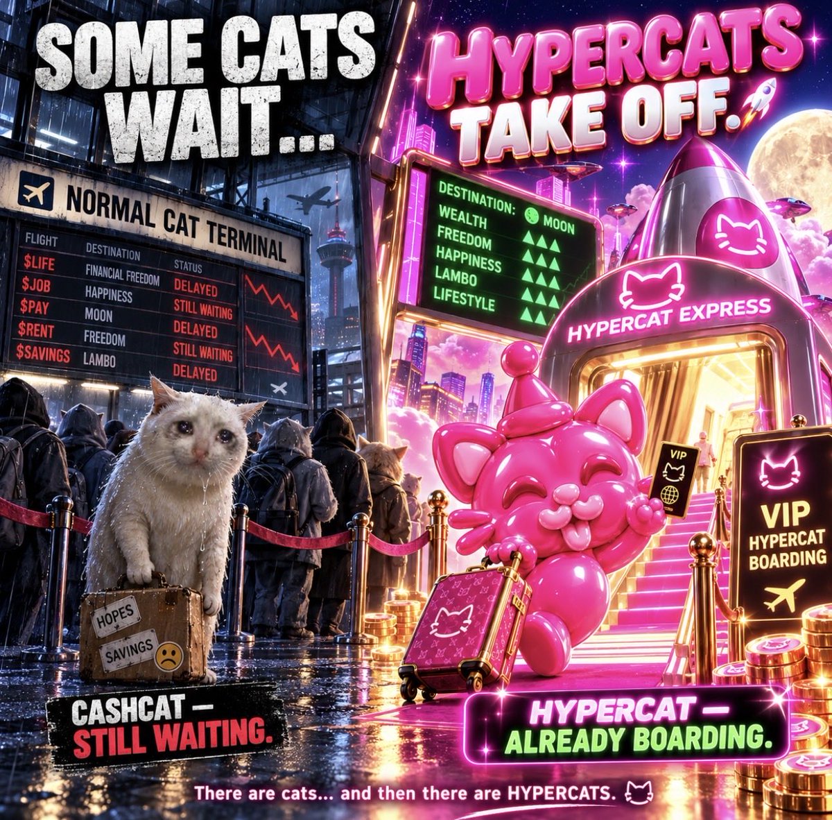 HyperCatCash's tweet photo. Some cats are still waiting for their flight… 😿✈️

HyperCats are already boarding. ⚡🚀

There are cats… and then there are HYPERCATS.

cash-cat:native $hypercat $HCAT https://t.co/bL9dwFhsRc