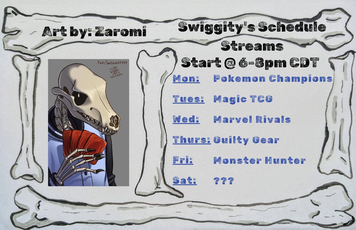 VSwiggity's tweet photo. All right #Boneheads!! 
I've taken your consensus: streams are going to begin at 6:00 p.m. and last until 8:00 p.m. 
(This may change if a better time is found)
Here's our schedule drop for the week! 
#Vtuber https://t.co/CKcaAcBazb