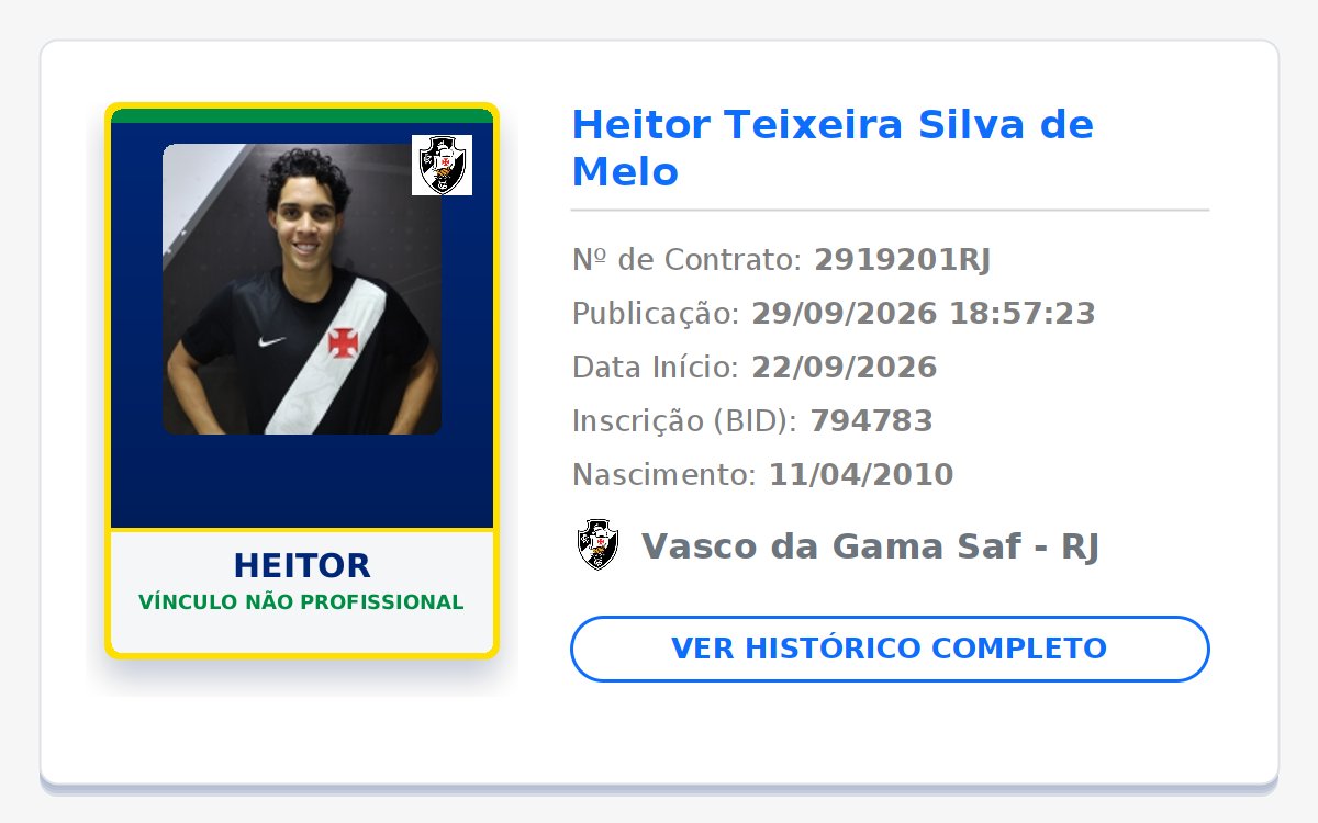 biddovasco's tweet photo. NOVO REGISTRO NO BID! 📝 GIGANTE DA COLINA! 💢⚪⚫

👤 Nome: Heitor
🎂 Nasc.: 11/04/2010
📄 Tipo: Vínculo Não Profissional
📅 Início: 22/09/2026
🏁 Fim: 20/09/2029

Publicado em: 2026-09-29 18:57:23

#Vasco #VascodaGama #GiganteDaColina https://t.co/3bkHOTzpke