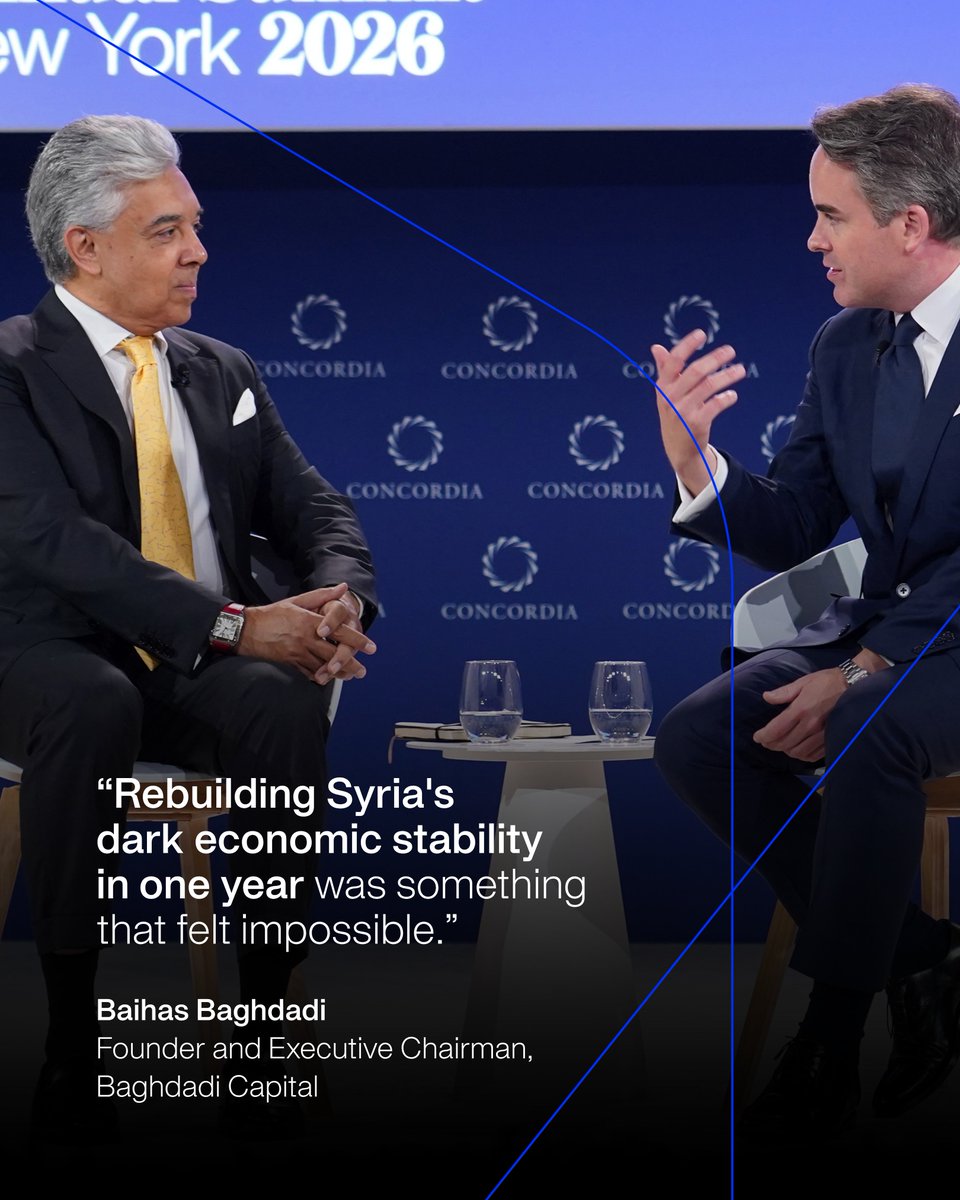 ConcordiaSummit's tweet photo. Can an economy be rebuilt in a year? Mr. Baghdadi of Baghdadi Capital opened the Annual Summit with a candid look at rebuilding Syria's economy and reopening the country for business. 

Watch the full session: https://t.co/4LbPX20kOl https://t.co/W5RiTTNqsj