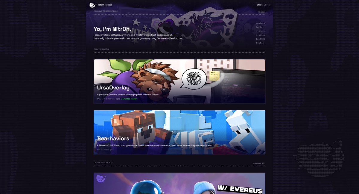 ImNitr0h's tweet photo. I completely remade my personal website to a style that better fits me &amp; what I do 🐻💻

Brand Artwork by the talented @just_zula 📦
Made with @sveltejs, @threejs &amp; TypeScript 🔧 https://t.co/YBUnCyme1v