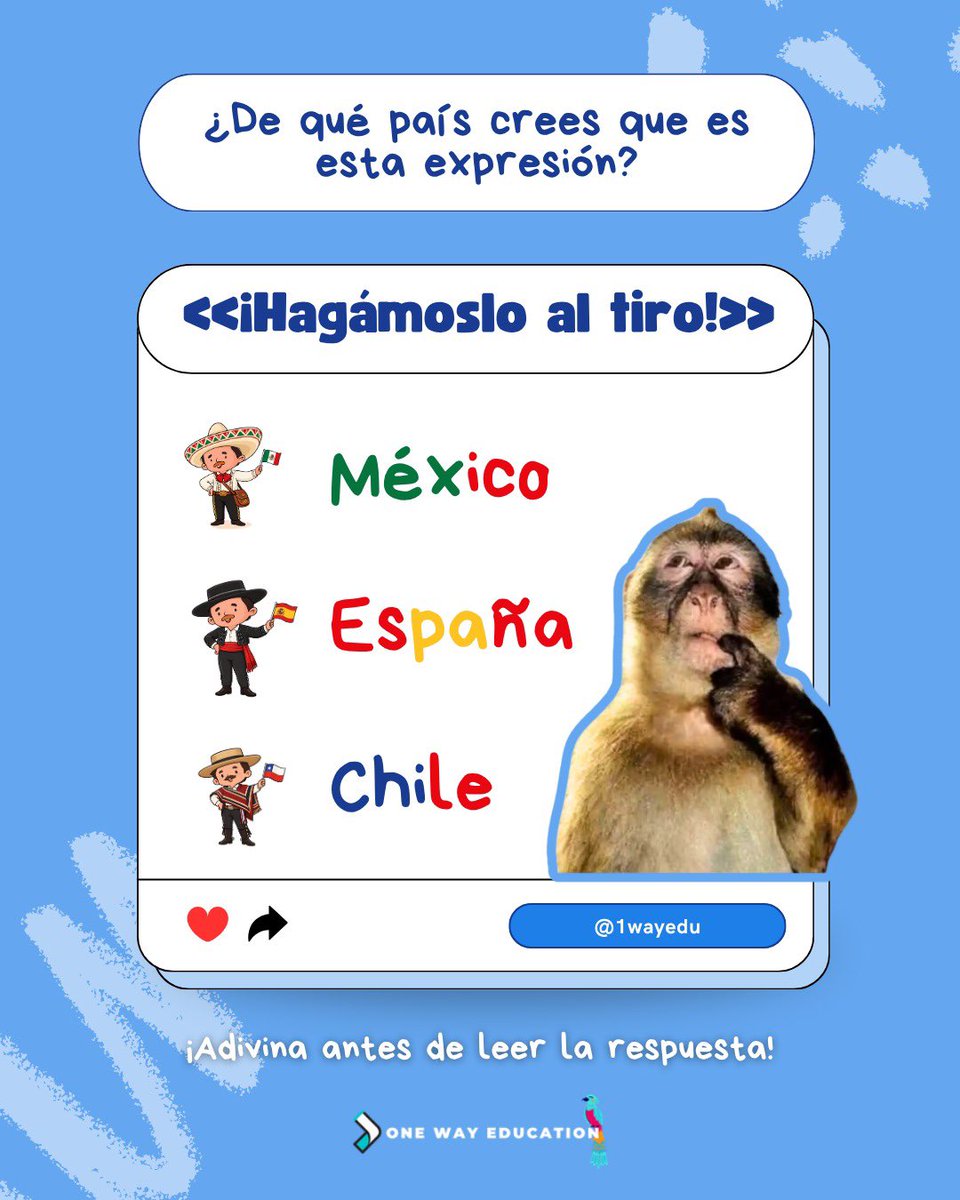 onewayedu's tweet photo. 👀🤔 Can you guess the phrase hidden behind these clues?

Drop your answer in the comments and see if you can figure out which corner of Latin America this expression comes from. 🌎💬 https://t.co/lvmwFpz6Yd