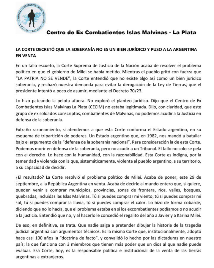 eldestapeweb's tweet photo. “Podemos morir en defensa de la soberanía, pero no acudir a un tribunal”

El Centro de Ex Combatientes Islas Malvinas La Plata cuestionó el fallo de la Corte Suprema, que rechazó su reclamo contra la derogación de la Ley de Tierras, y acusó al máximo tribunal de haber “puesto a la Argentina en venta”