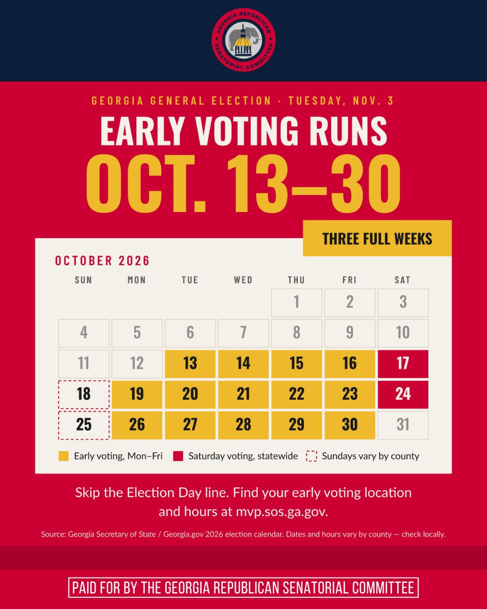 GASenateGOP's tweet photo. We are 15 Days from the start of Early Voting! 

Make sure you are registered to vote at: https://t.co/MN6KsV9maA

#Gapol #GASenateGOP #Georgia #VOTE #news https://t.co/KRZ1IMtgQe
