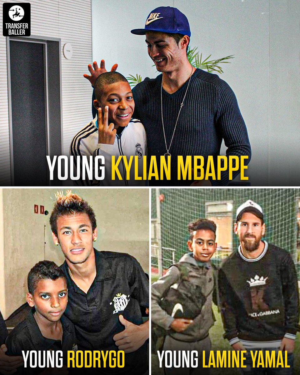 transferballer's tweet photo. From meeting their idols as kids to becoming football superstars 🤩🔥

Lamine met Messi, Rodrygo met Neymar, Mbappe met Ronaldo—now look where they are! 👀⚽️

Cristiano Jr met Pele &amp; Maradona… imagine! 😳⏳ https://t.co/A36vrEE1z6