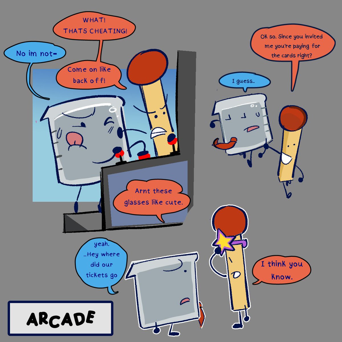 saltinesaltine's tweet photo. Some more of Match and Beaker hanging out.. to the arcade! #forensicsosc #bfdi https://t.co/9CoJYzDTEx