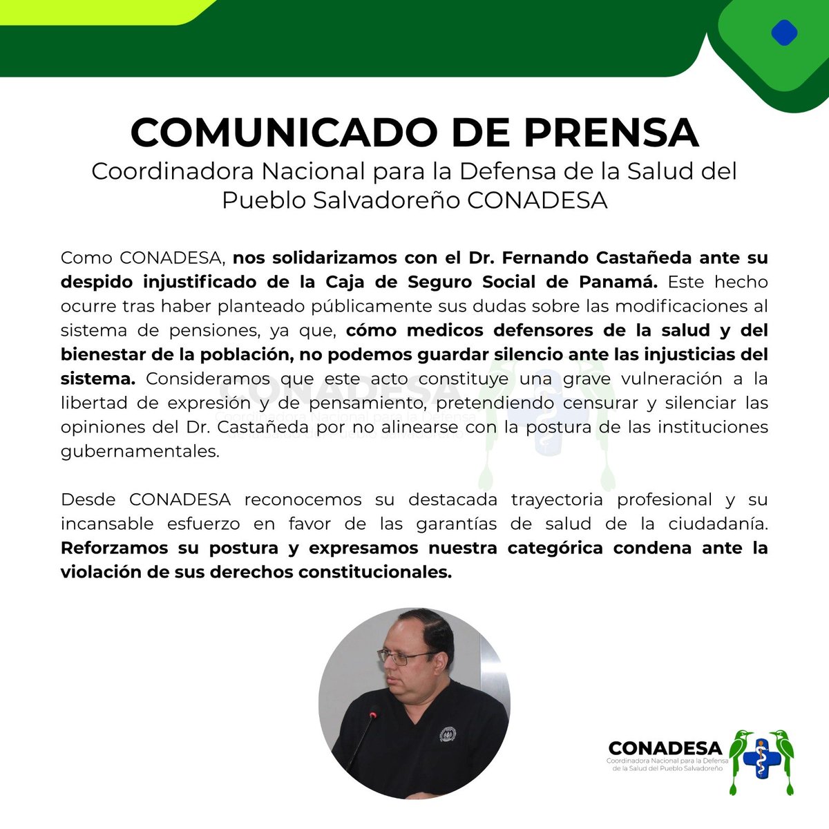 CCONADESA's tweet photo. 🩺 Toda nuestra solidaridad con el Dr. Fernando Castañeda. Desde CONADESA alzamos la voz en defensa de la libertad de expresión y de los derechos de quienes trabajan por la salud de la población. 🤝

#CONADESA #LibertadDeExpresión #DefensaDeLaSalud https://t.co/BOnrAgeuCw