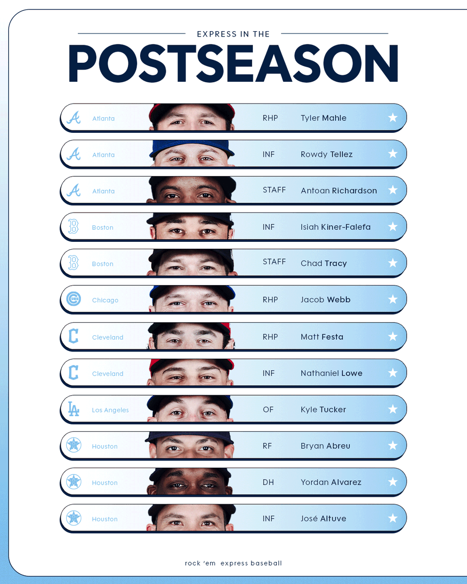 RRExpress's tweet photo. Good luck to the 24 former #RRExpress players in the 2026 @MLB Postseason!
#RockEm | #RRExpress https://t.co/lKcteNIsBv