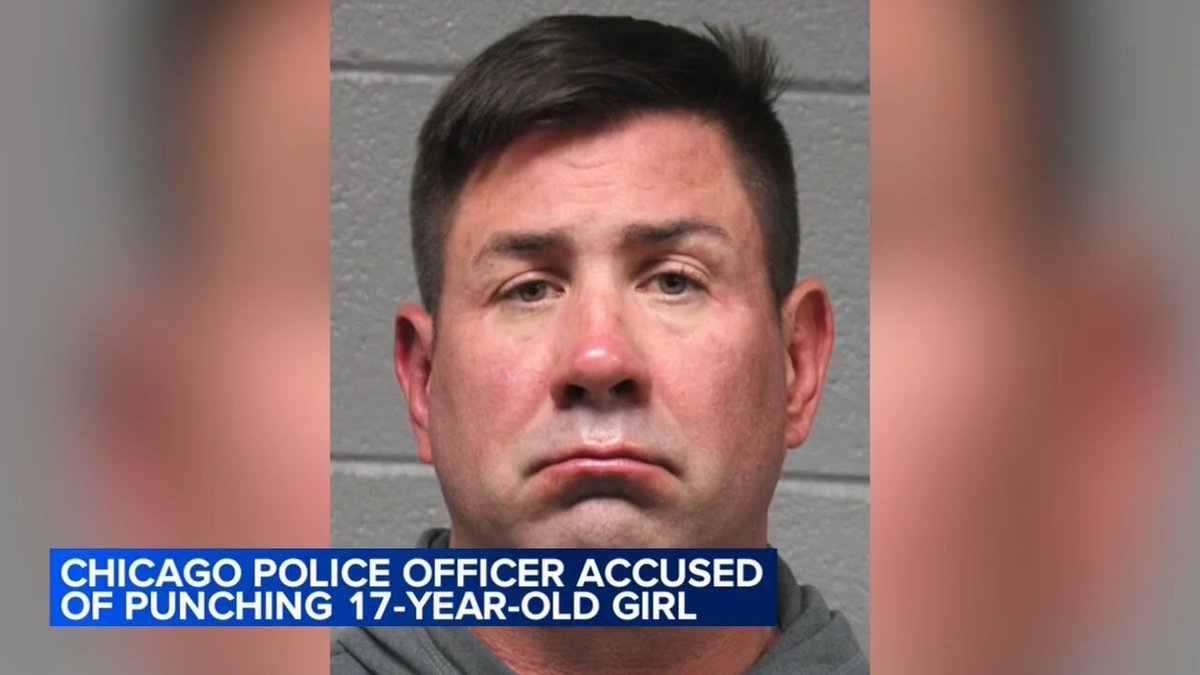 A mugshot of a man with a news chyron reading "CHICAGO POLICE OFFICER ACCUSED OF PUNCHING 17-YEAR-OLD GIRL" displayed at the bottom.
