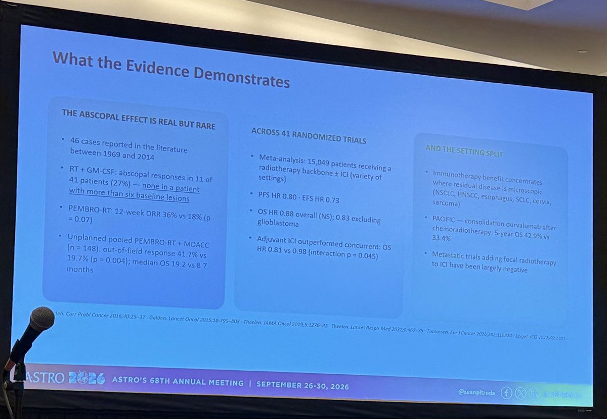 DrewMoghanaki's tweet photo. Sean Pitroda, whose work has raised concerns about the Badscopal effect, shares a few words of wisdom at #ASTRO26. Including the importance of total metastatic ablation of all visible sites in case irradiation of one tumor signals another unirradiated to grow. https://t.co/GHEomNcidI