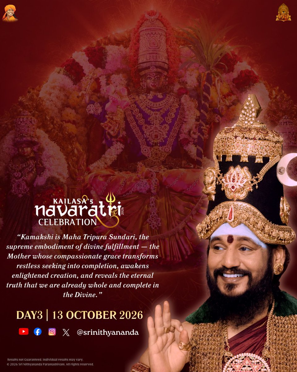 SriNithyananda's tweet photo. 🌺 NAVARATRI DAY 3 | DEVI KAMAKSHI 🌺

Maha Tripura Sundari — The Mother of Fulfillment

Devi Kamakshi’s grace transforms restless seeking into completion, awakening divine fulfillment, protection, and enlightened creation.

#Navaratri2026 #DeviKamakshi #MahaTripuraSundari #KAILASA